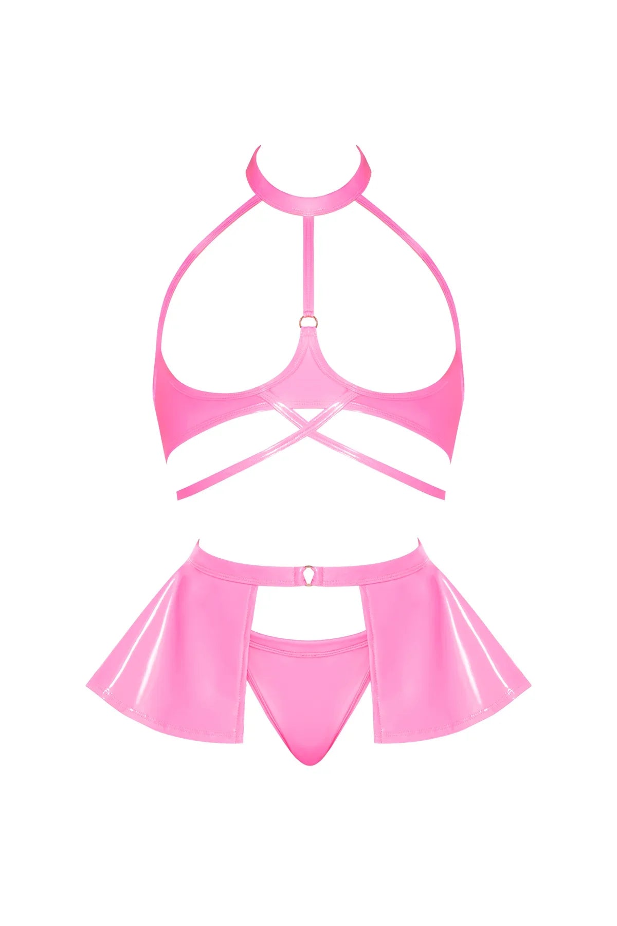 Magic Silk Hard Candy Open Cup Halter Bra, Skirt & Thong Pink