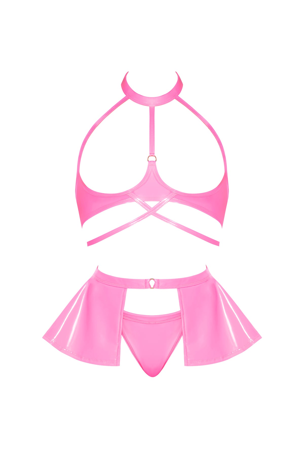 Magic Silk Hard Candy Open Cup Halter Bra, Skirt & Thong Pink