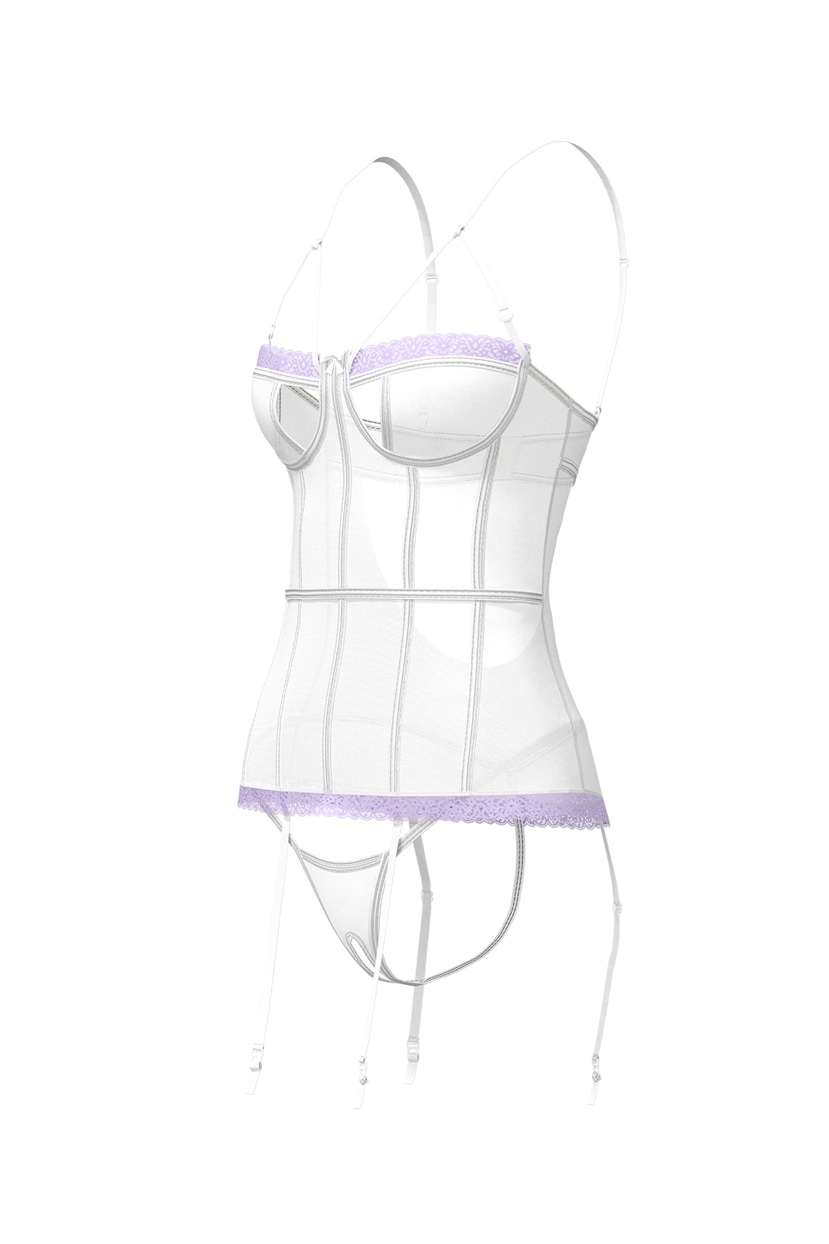 Magic Silk Sheer Passion Keyhole Basque & Crotchless G-String White/Lavender