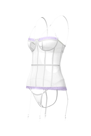 Magic Silk Sheer Passion Keyhole Basque & Crotchless G-String White/Lavender