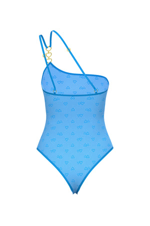 Magic Silk Flirty Hearts One Shoulder Thong Teddy with Snap Crotch Blue Sugar