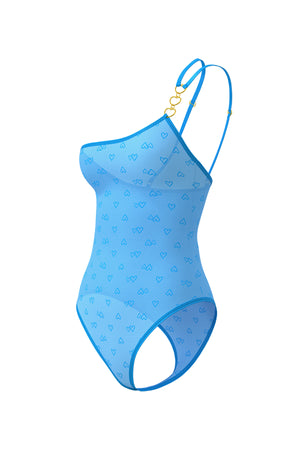 Magic Silk Flirty Hearts One Shoulder Thong Teddy with Snap Crotch Blue Sugar