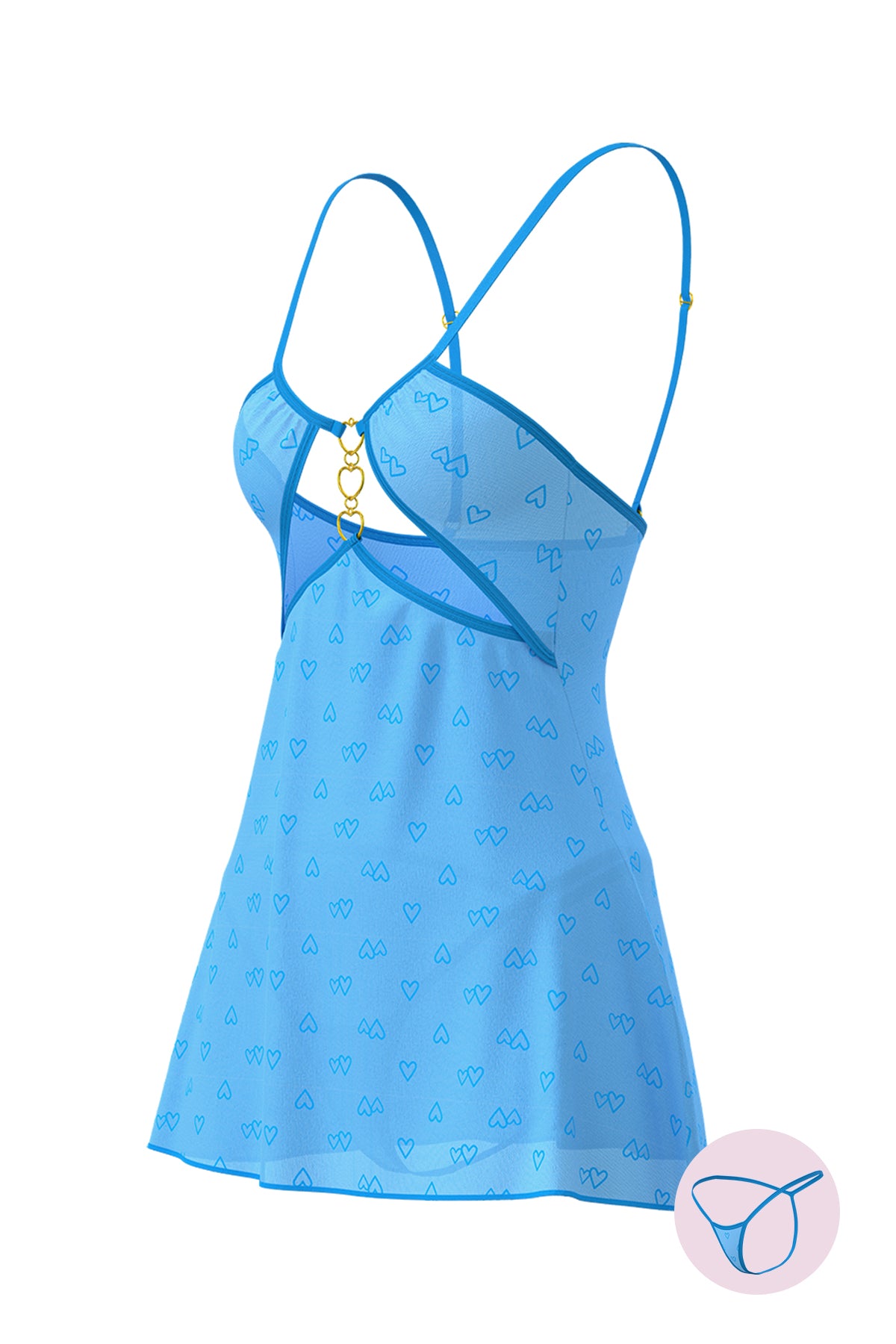 Magic Silk Flirty Hearts Cut Out Flutter Chemise & G-String Set Blue Sugar