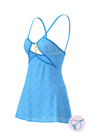 Magic Silk Flirty Hearts Cut Out Flutter Chemise & G-String Set Blue Sugar