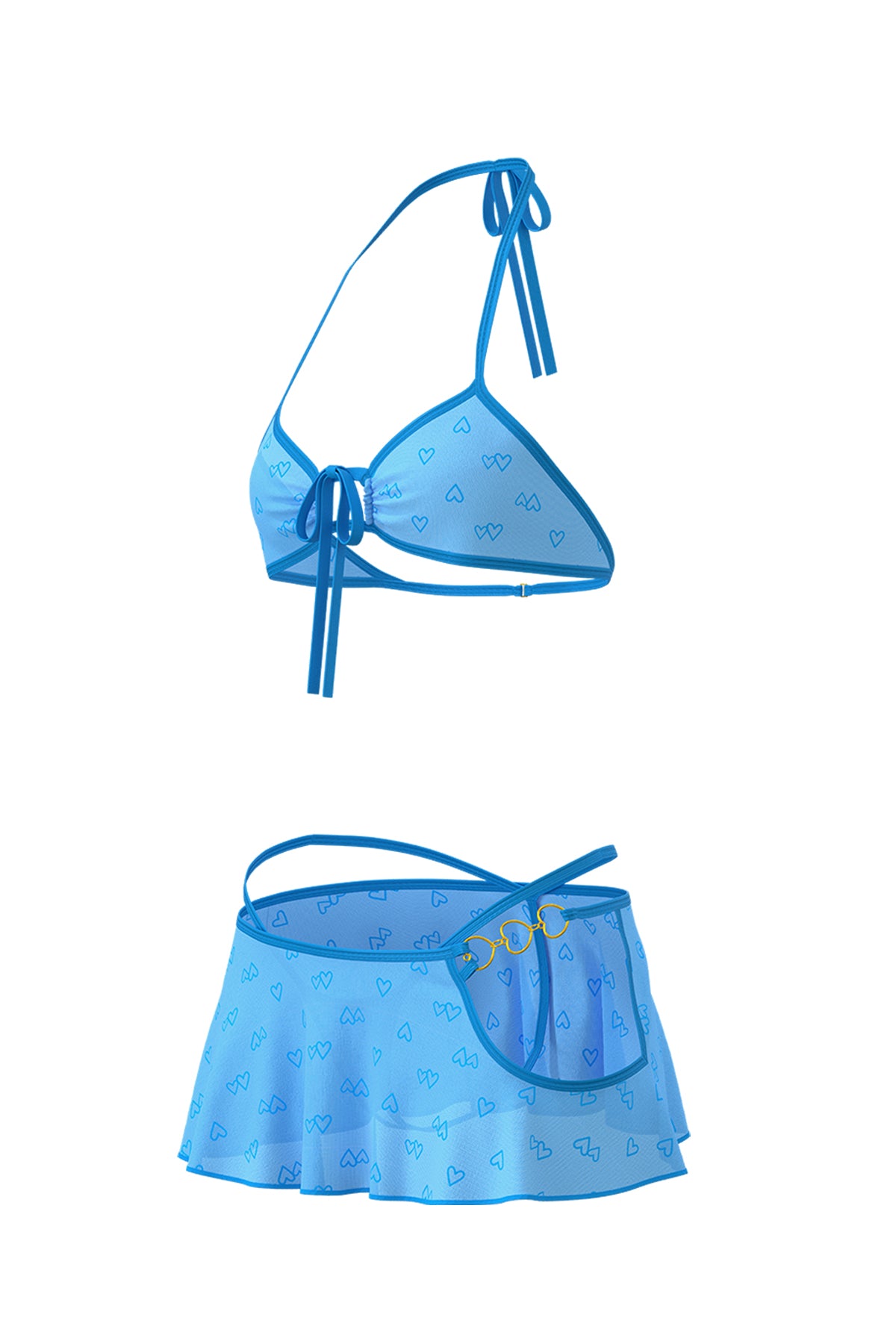 Magic Silk Flirty Hearts Halter Bra, Flutter Skirt & G-String Set Blue Sugar