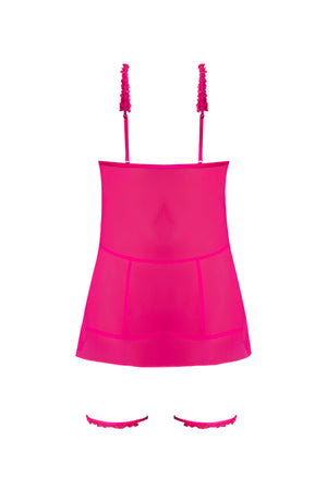 Magic Silk Pink Kink Cupless Babydoll, Harness Panty & Garter Cuffs Pink Glow