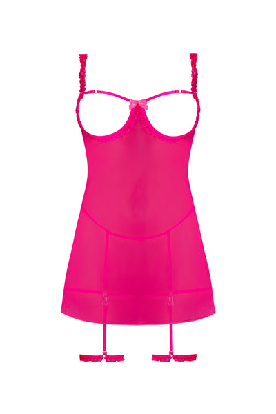 Magic Silk Pink Kink Cupless Babydoll, Harness Panty & Garter Cuffs Pink Glow