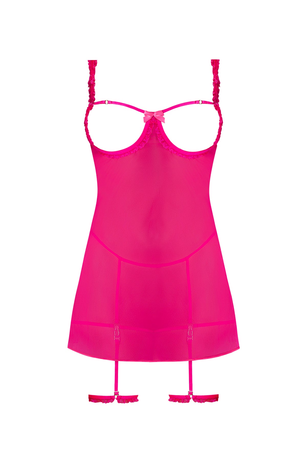 Magic Silk Pink Kink Cupless Babydoll, Harness Panty & Garter Cuffs Pink Glow