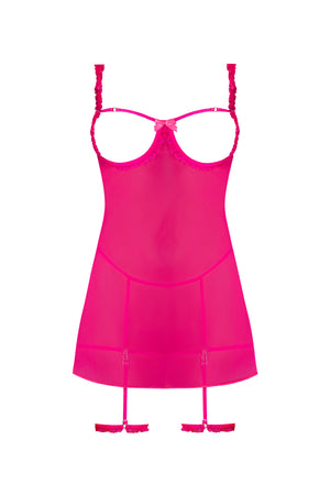 Magic Silk Pink Kink Cupless Babydoll, Harness Panty & Garter Cuffs Pink Glow