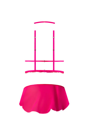 Magic Silk Pink Kink Harness Top, Open Crotch Skirt Panty & Choker Pink Glow