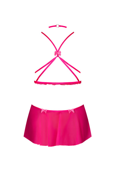 Magic Silk Pink Kink Harness Top, Open Crotch Skirt Panty & Choker Pink Glow