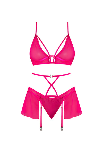 Magic Silk Pink Kink Bralette, High Leg Panty & Garter Skirt Set Pink Glow