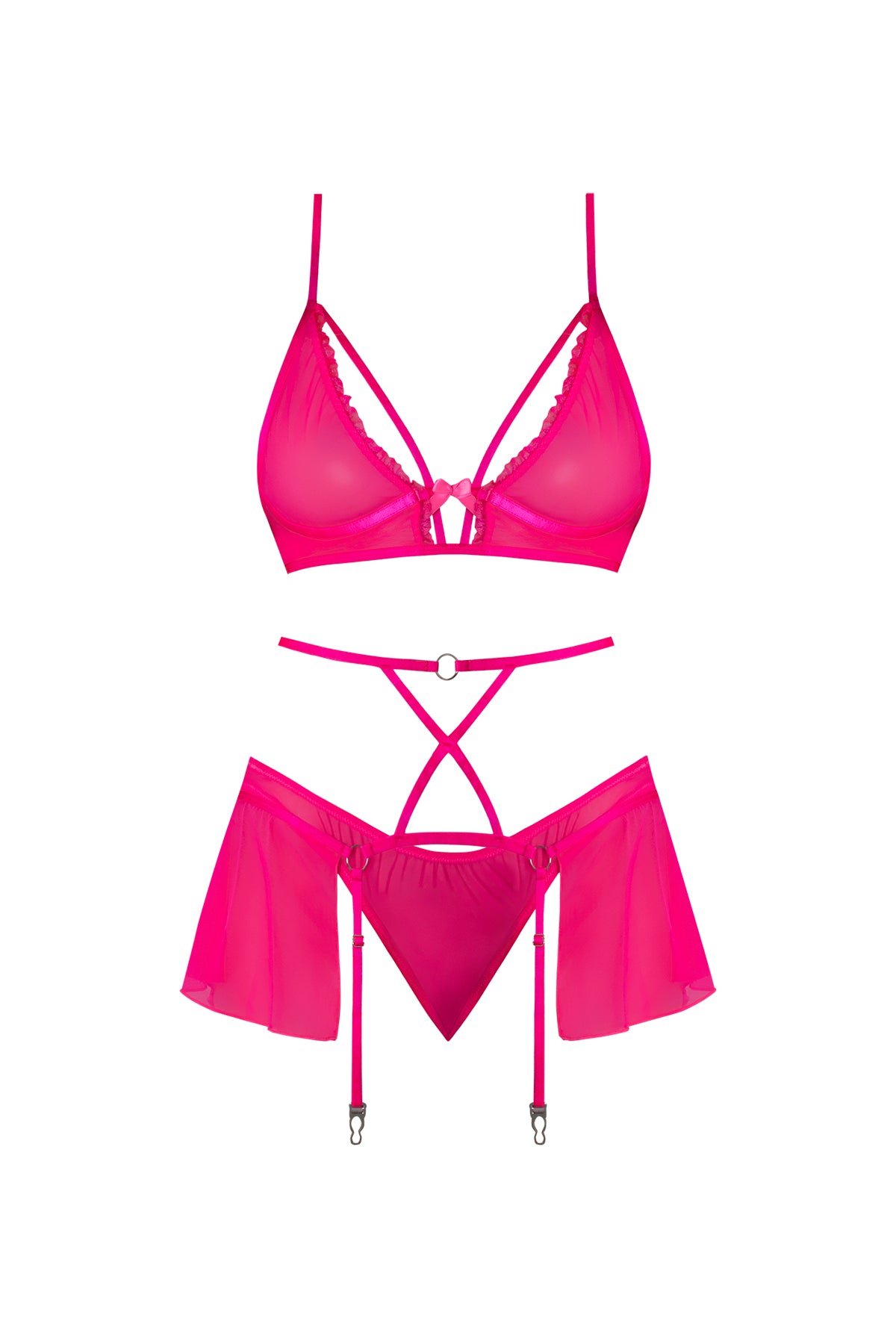 Magic Silk Pink Kink Bralette, High Leg Panty & Garter Skirt Set Pink Glow