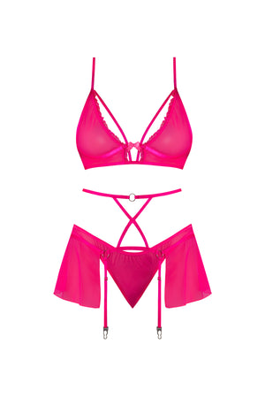 Magic Silk Pink Kink Bralette, High Leg Panty & Garter Skirt Set Pink Glow