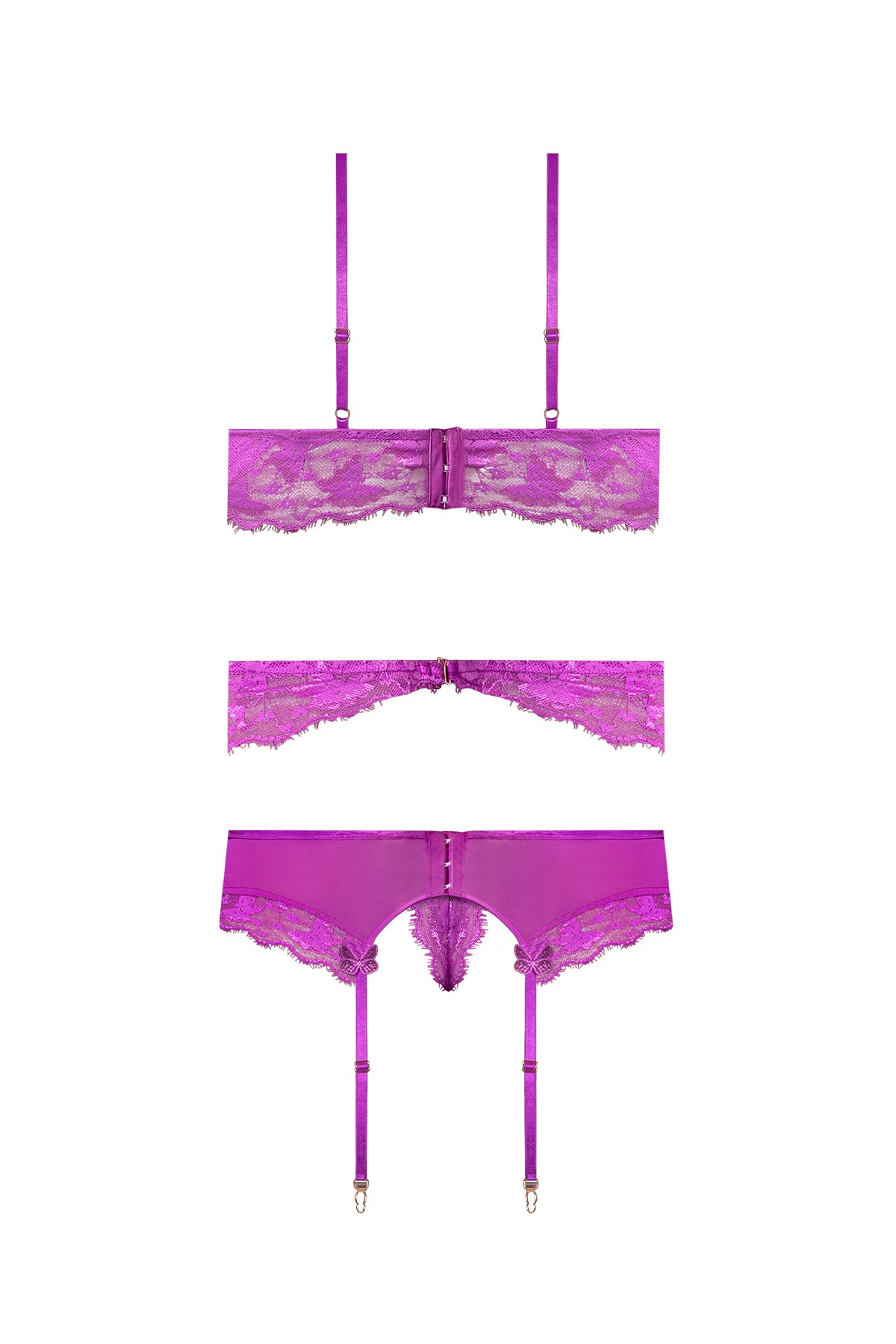 Magic Silk Butterfly Fantasies Bra, Garter & Thong Set Neon Purple