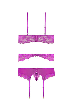 Magic Silk Butterfly Fantasies Bra, Garter & Thong Set Neon Purple