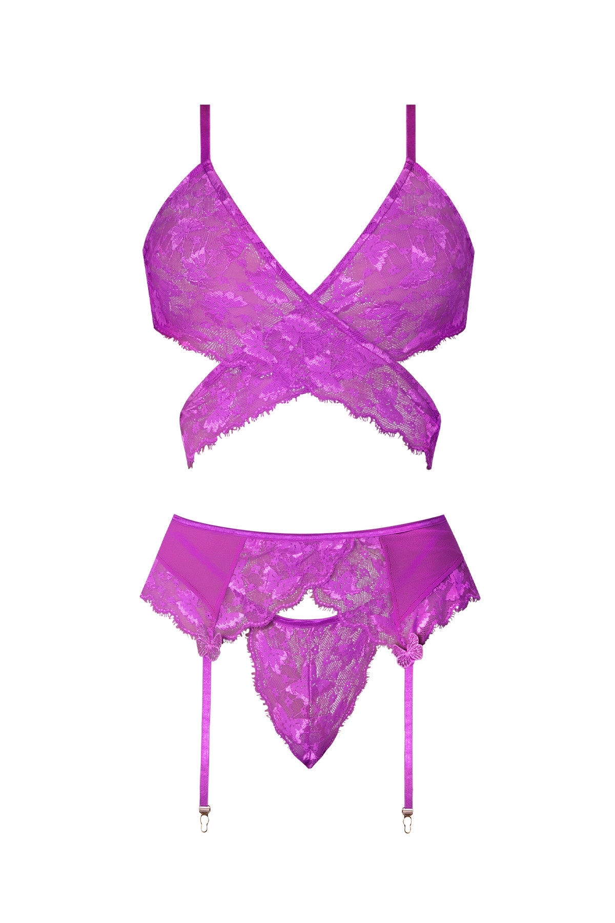Magic Silk Butterfly Fantasies Bra, Garter & Thong Set Neon Purple