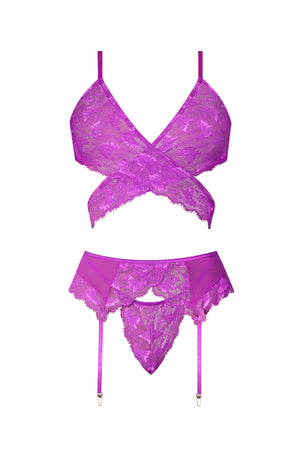 Magic Silk Butterfly Fantasies Bra, Garter & Thong Set Neon Purple