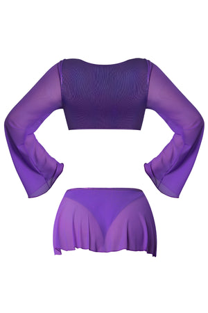 Magic Silk Glimmer LS Crop Top, Mini Skirt & Tie Side Thong Purple Disco