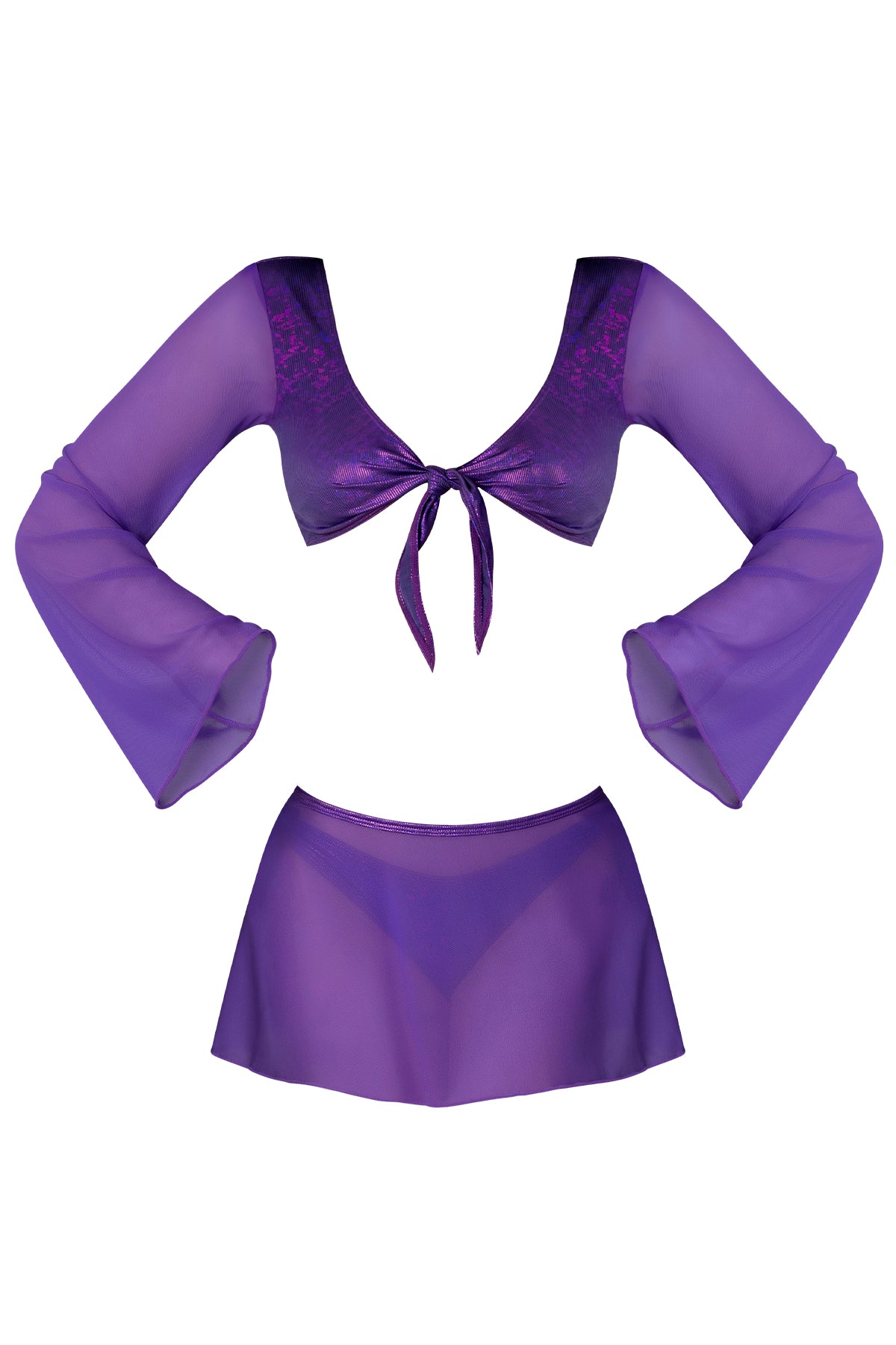 Magic Silk Glimmer LS Crop Top, Mini Skirt & Tie Side Thong Purple Disco