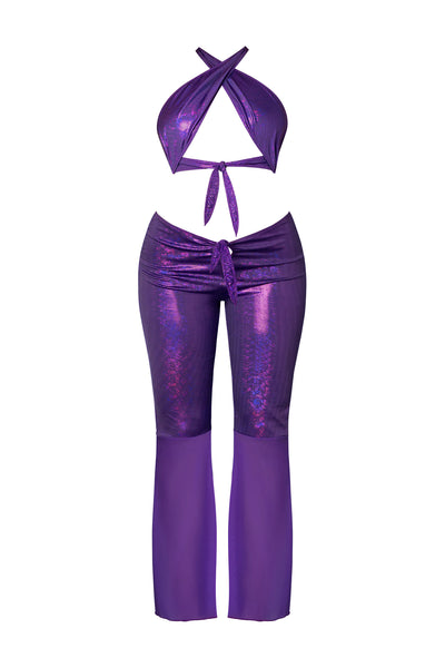 Magic Silk Glimmer Wrap Halter & Flair Pant Set Purple Disco