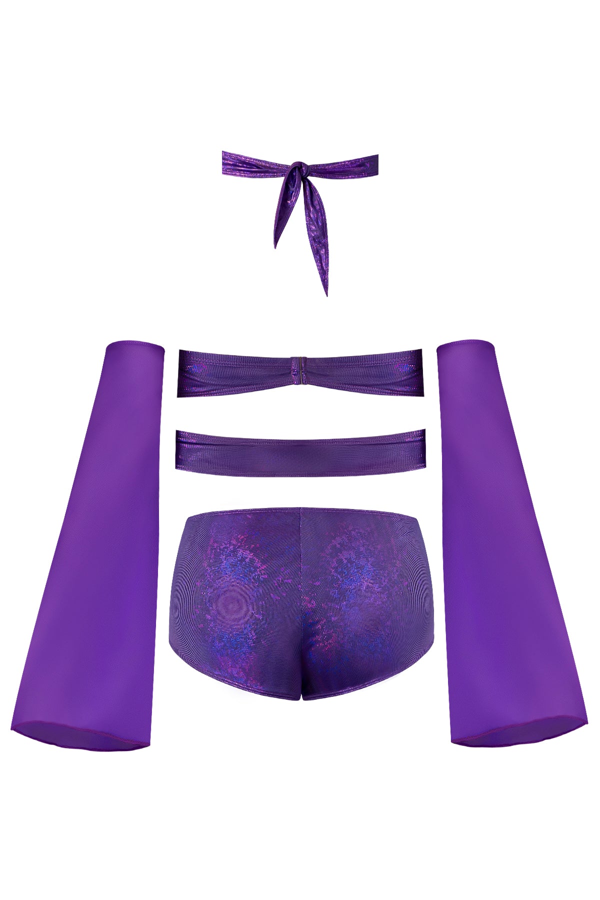 Magic Silk Glimmer Wrap Bralette, Booty Shorts & Sleeve Set Purple