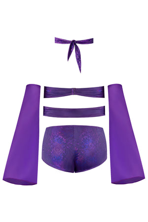 Magic Silk Glimmer Wrap Bralette, Booty Shorts & Sleeve Set Purple