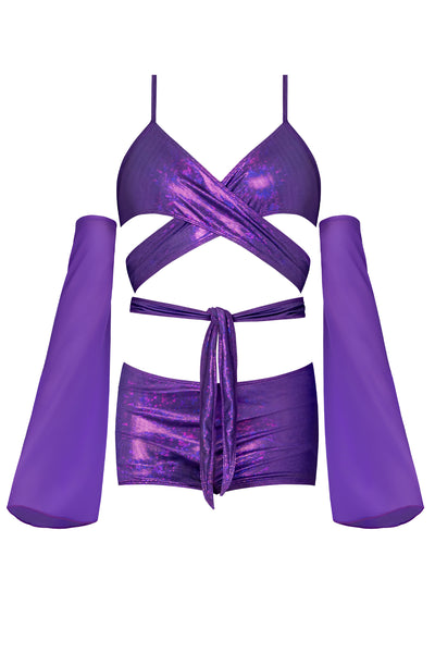 Magic Silk Glimmer Wrap Bralette, Booty Shorts & Sleeve Set Purple Disco