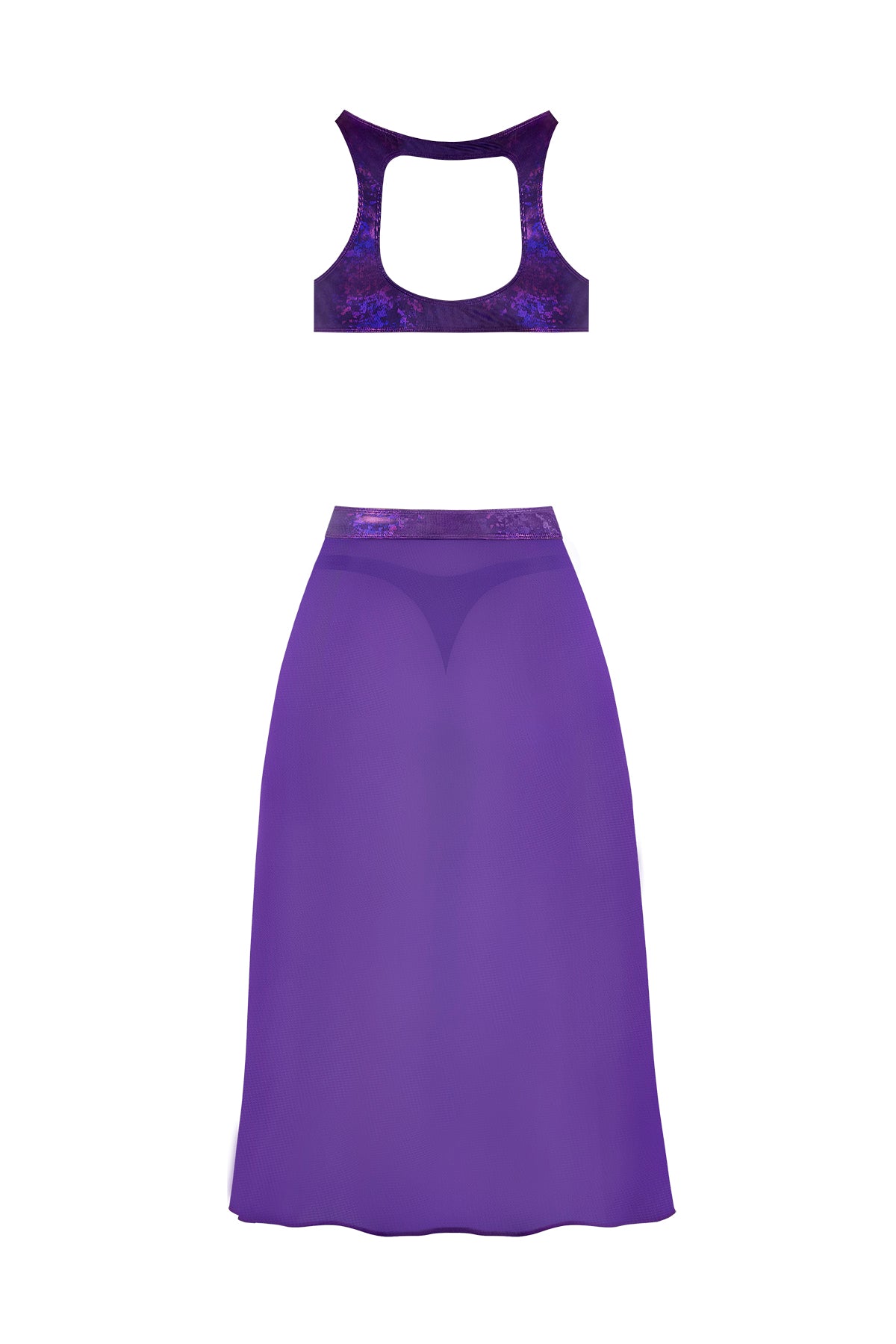 Magic Silk Glimmer High Neck Crop Top, Flowy Skirt & Tanga Set Purple