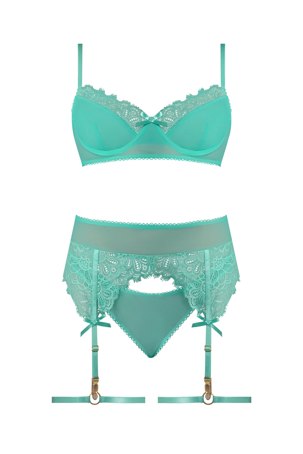 Magic Silk Caribbean Crush Demi Bra & Thong with Garter Set Aqua Glow