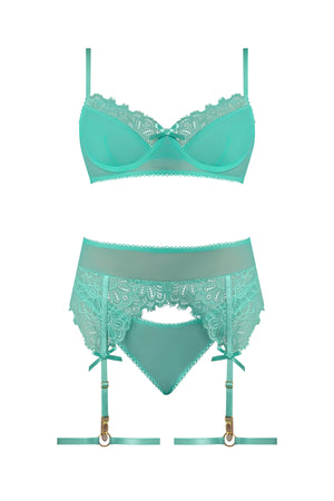 Magic Silk Caribbean Crush Demi Bra & Thong with Garter Set Aqua Glow
