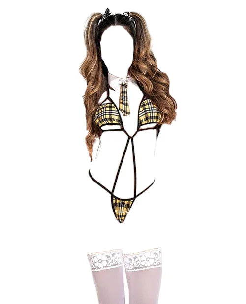 Mapale Skimpy School Girl Underboob Cutout Bodysuit with Plaid Micro Skirt Costume Yellow