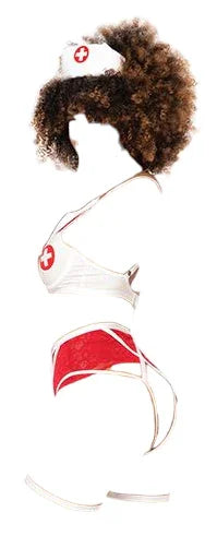 Mapale 3 pc Nurse Underwire Top with Open Back Bottom & Garterbelt Costume Red/White