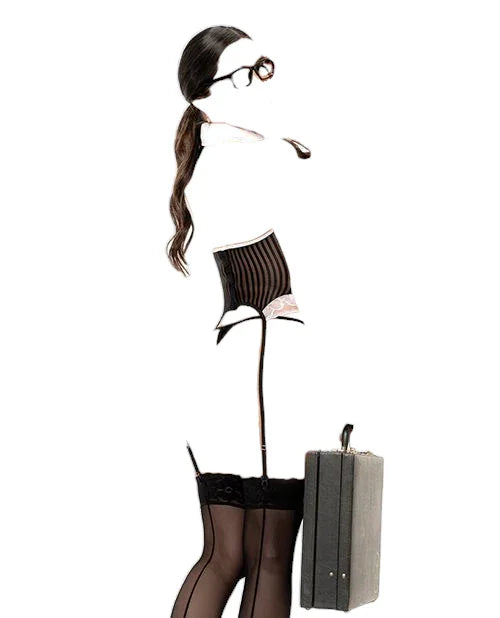 Mapale 3 pc CEO Open Cup Bodysuit with Garterstraps & G-String Costume Black/White