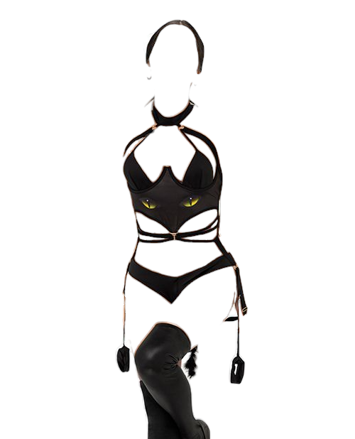 Mapale 1 pc Cat Girl Bodysuit with Attached Wrist Straps Costume Black