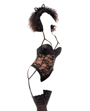 Mapale Cat Girl Wetlook Lace Gartered Bodysuit with Lace Up Back & Head Piece Black