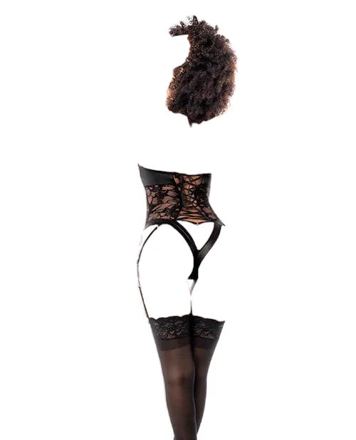 Mapale Cat Girl Wetlook Lace Gartered Bodysuit with Lace Up Back & Head Piece Black