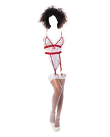 Mapale Sexy Nurse Mesh & Lace Bodysuit & Head Piece Costume White/Red