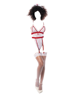 Mapale Sexy Nurse Mesh & Lace Bodysuit & Head Piece Costume White/Red