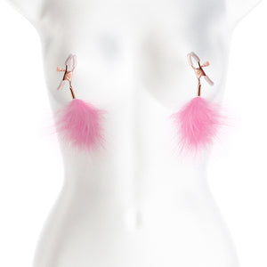 Bound Screw Adjust Tweezer Style Nipple Clamps with Feather Like Balls F1 Pink
