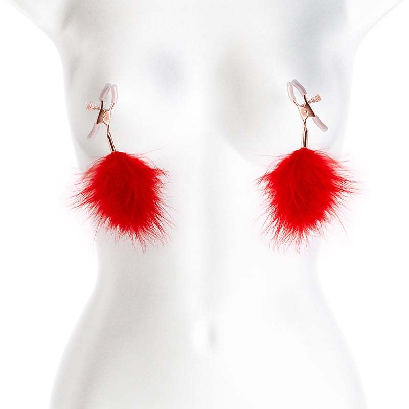Bound Screw Adjust Tweezer Style Nipple Clamps with Feather Like Balls F1 Red