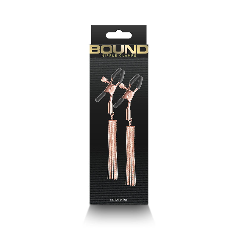 Bound Screw Adjust Tweezer Style Nipple Clamps with Bells & Mini Whips D2 Rose Gold