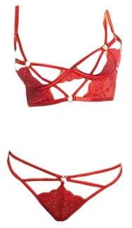 Oh La La Cheri Cherry Strappy Lace Unlined Underwire Bra with Heart Ring Detail & Panty Red