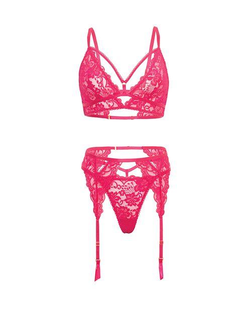 Oh La La Cheri Aphrodite Lace Keyhole Bralette with Garters & G-String Raspberry