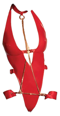 Oh La La Cheri V-Plunge Wetlook Vinyl Teddy with Removable Chain Harness & Hand Red