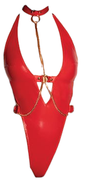 Oh La La Cheri V-Plunge Wetlook Vinyl Teddy with Removable Chain Harness & Hand Red