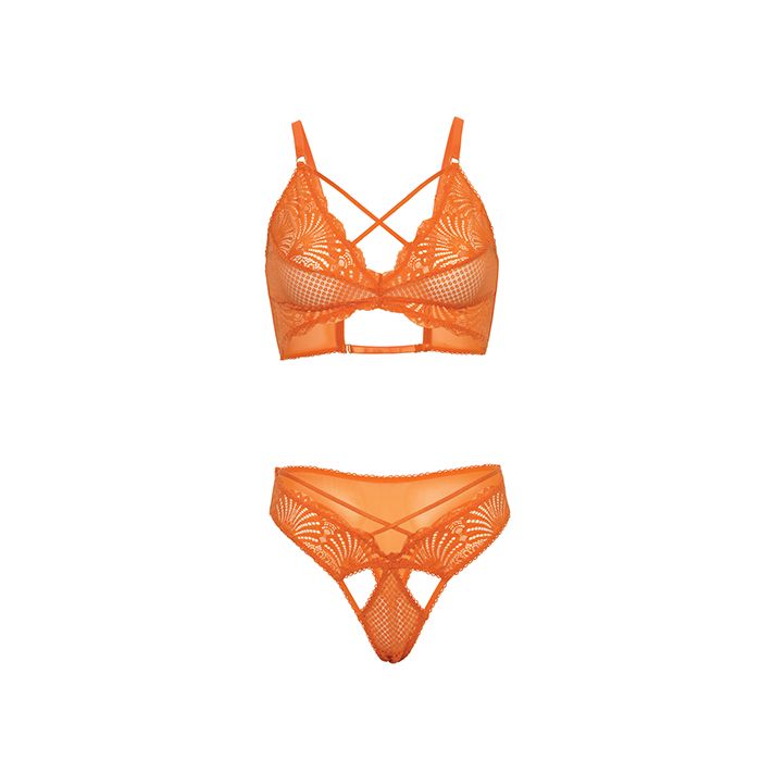 Amina Scallop Lace & Mesh Bralette with Panty 2 pc Set Dragon Fire Orange