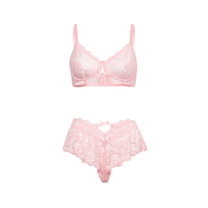 Leyla Lace and Mesh Underwire 2 pc Set Pink