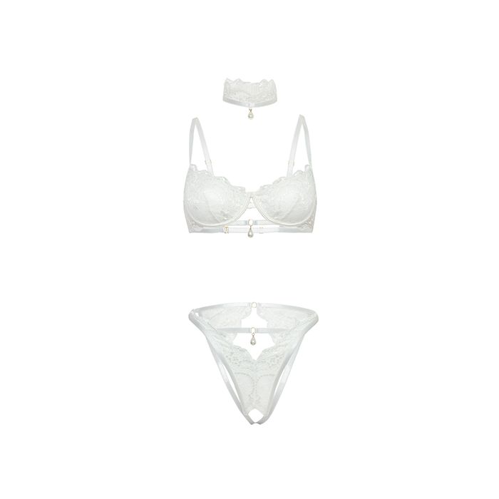 Pearla Lace Underwire Bra & Open Back Panty with Matching Collar 3 pc Set White