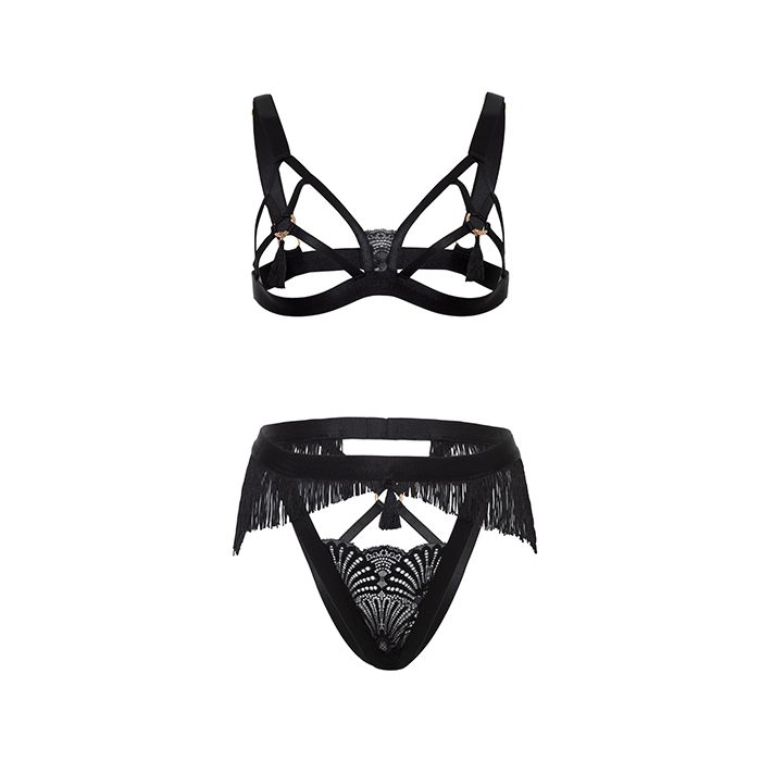 Annika Open Cup 2 pc Set with Fringe and Tassel Detail Black